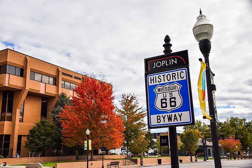 Joplin, Missouri, USA - Nov. 4, 2021: Sign for Route 66 in Joplin, MO, during fall.