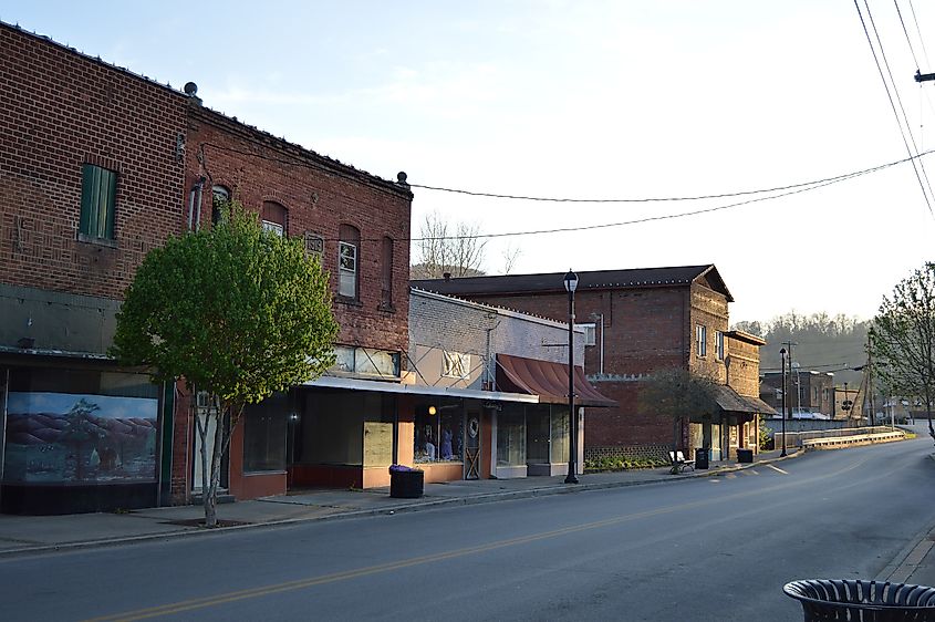 Buildings on the northern side of W. Main Street (Kentucky Route 179), seen looking east from Myers Street, in downtown Cumberland, Kentucky, United States. This section of Main is part of the Cumberland Central Business District, a historic district that is listed on the National Register of Historic Places.
