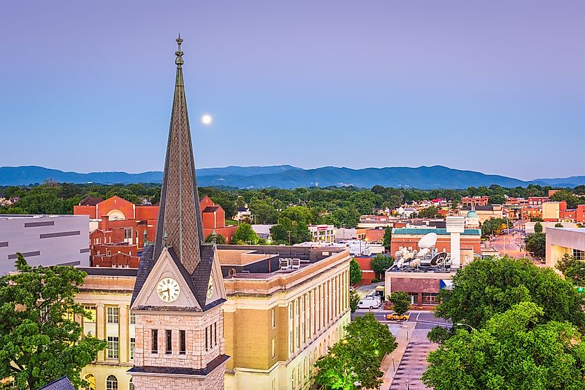 Roanoke, Virginia, USA, downtown skyline and steeple at dawn.