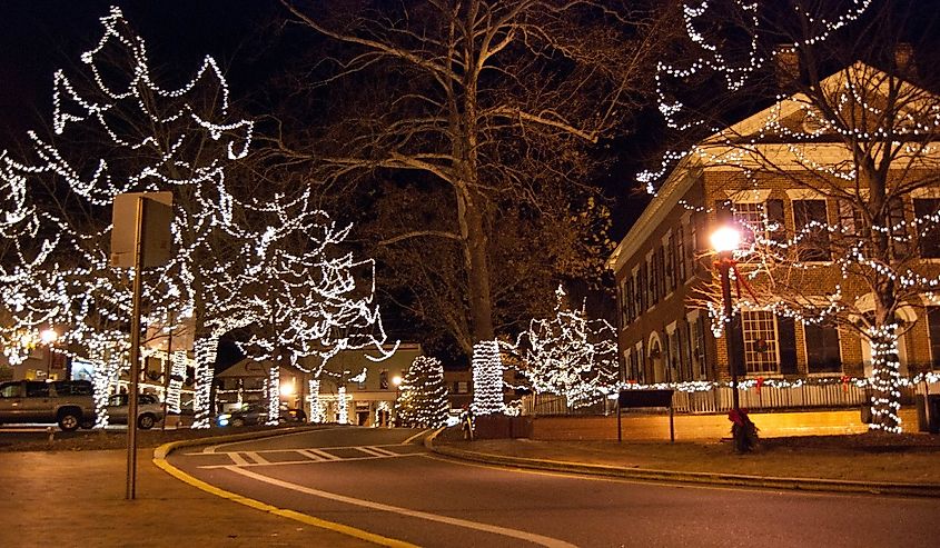 Winter lights in downtown Dahlonega, Georgia.