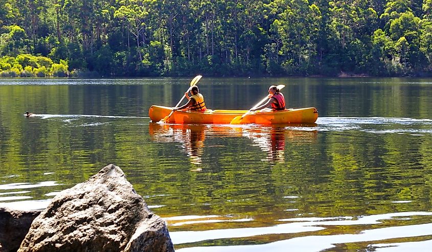 Two young Australian women rowing together a canoe on a lake near Pemberton, Western Australia.