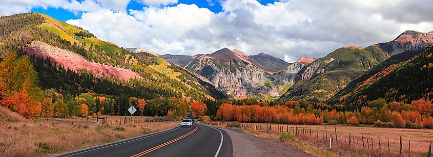Beautiful landscape on the road to Telluride, Colorado, surrounded by the San Juan Mountains in autumn.