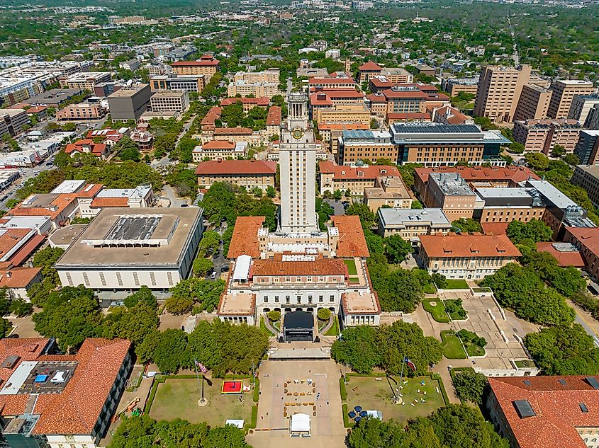 The Main Building, commonly known as The Tower, stands at the center of the University of Texas at Austin campus in downtown Austin, Texas