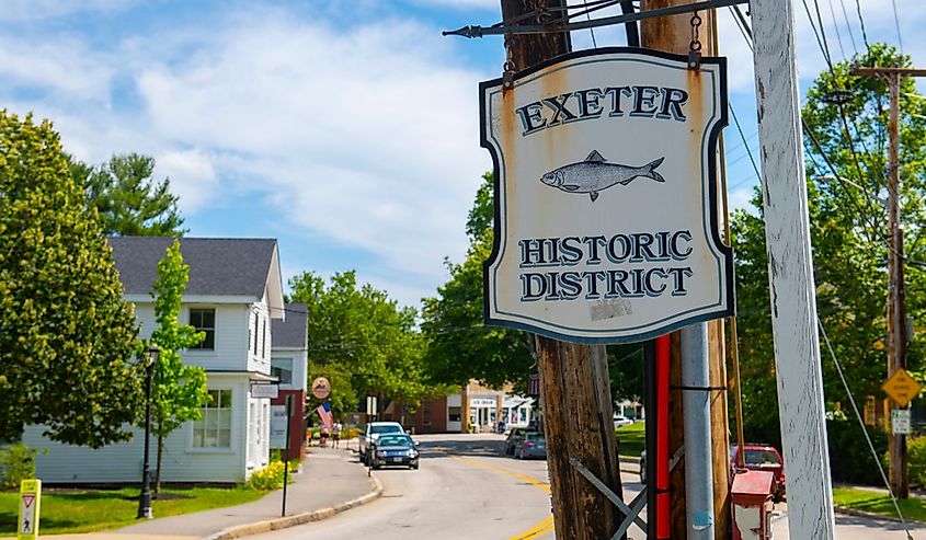 Sign of Exeter Historic District on Water Street near Front Street in historic downtown of Exeter,