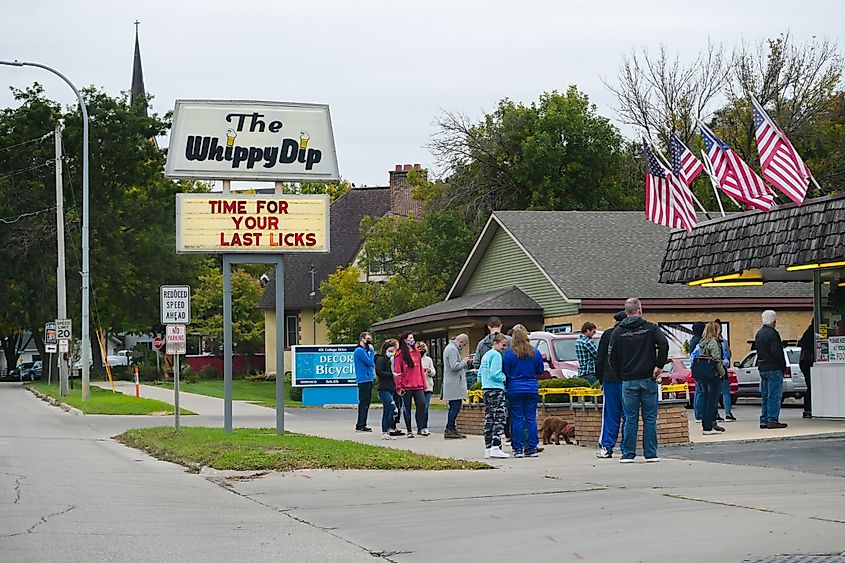 Customers line up for ice cream at the Whippy Dip, a regional favorite, in Decorah, Iowa.