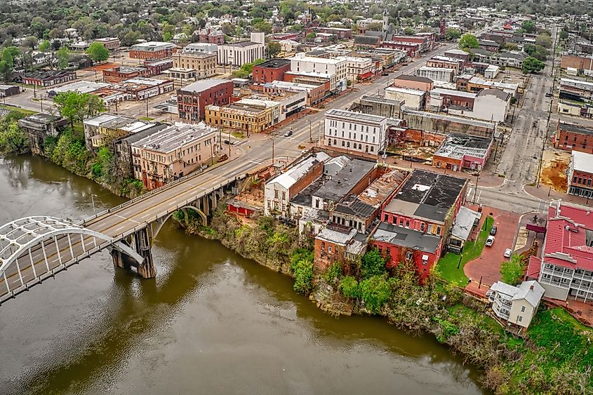 Aerial view of Selma, Alabama, showcasing the city's layout, historic buildings, and surrounding landscape.