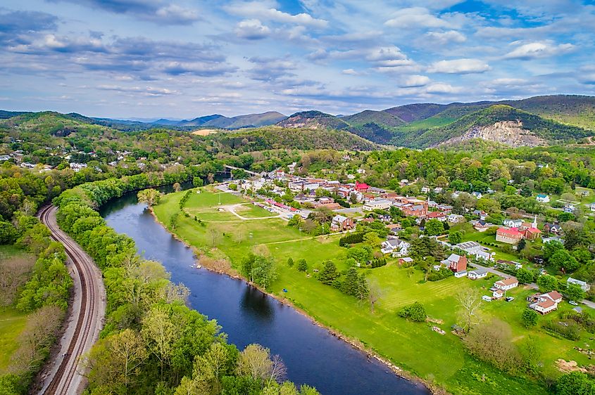 Aerial view of the James River and surrounding mountains in Buchanan, Virginia.