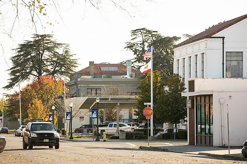 Traffic passing through historic downtown Marysville, California.