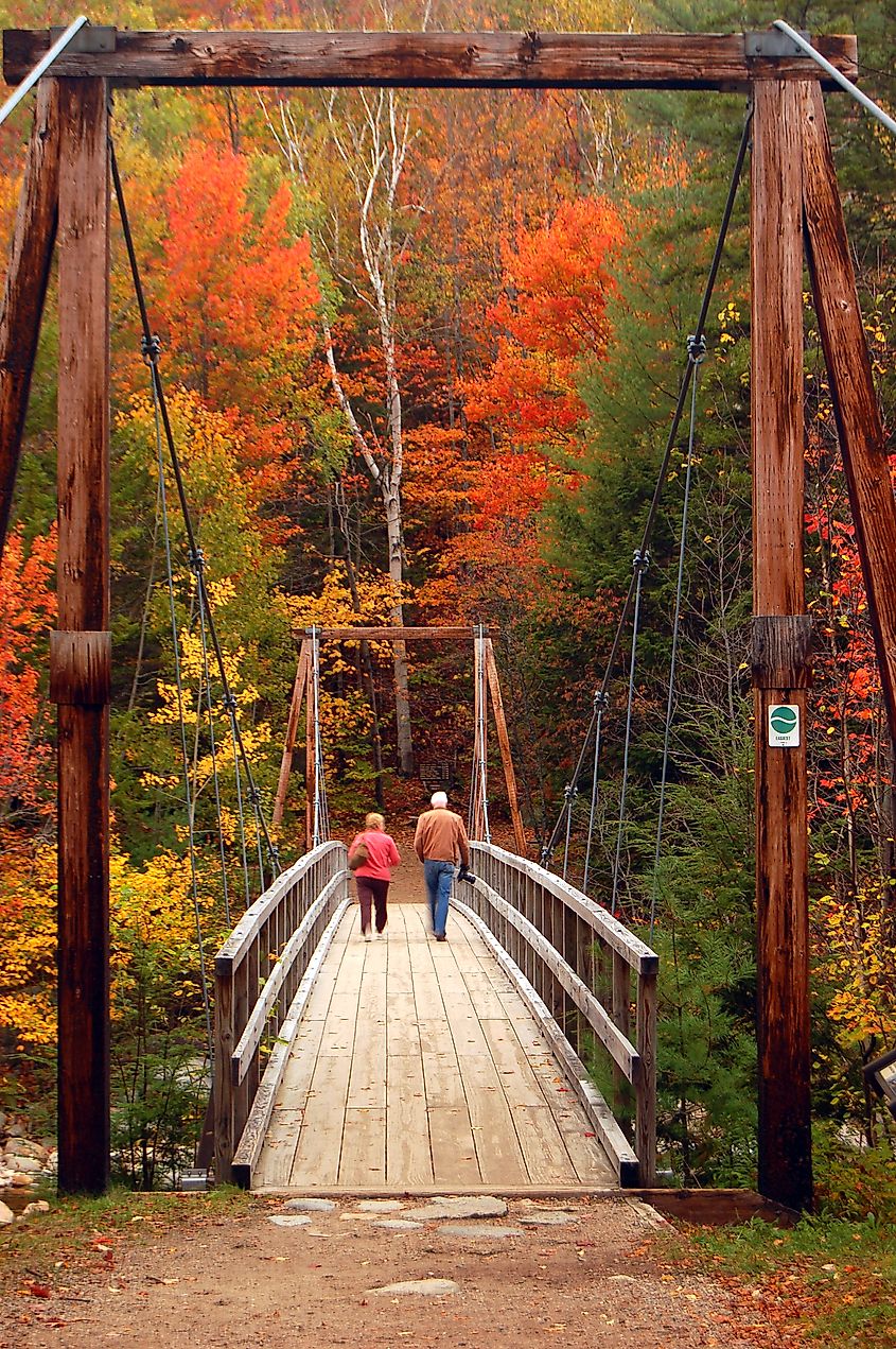 Wooden pedestrian suspension bridge during fall in the White Mountains near Jackson, New Hampshire. Editorial credit: James Kirkikis / Shutterstock.com