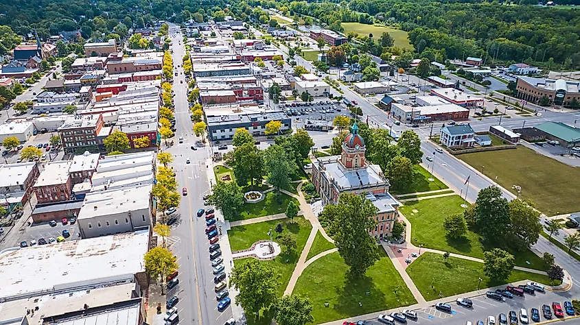 Aerial view of the Elkhart County Courthouse and other buildings in Goshen, Indiana.