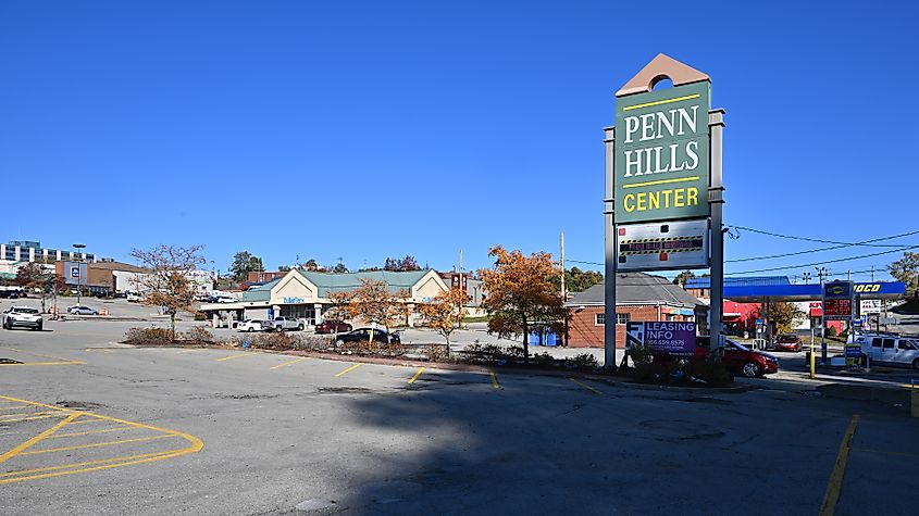 The sign for Penn Hills Center, a large strip mall located at 230 Rodi Road, Pittsburgh, Pennsylvania