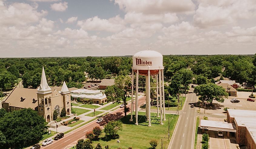 Downtown Minden, Louisiana with the water tower and church.