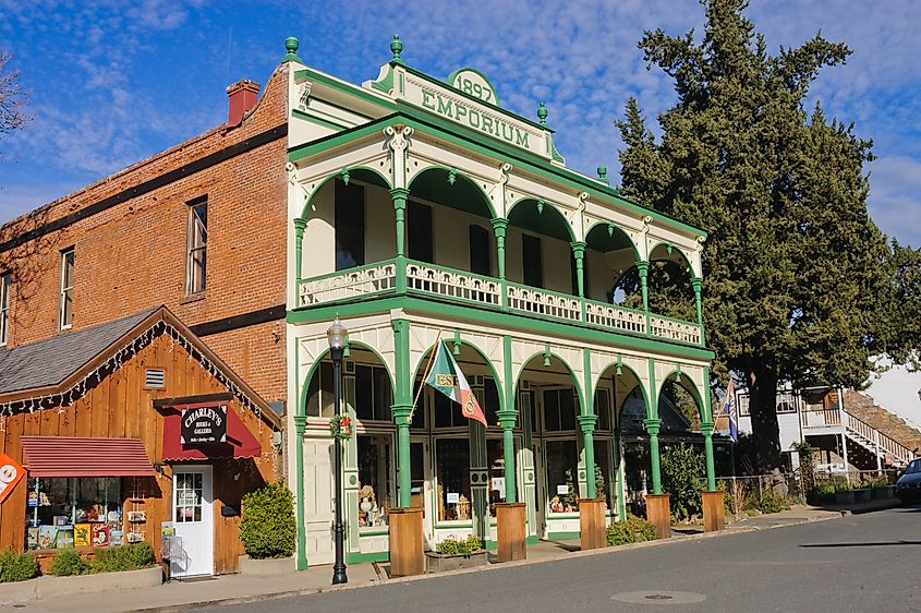 The Emporium in Sutter Creek, California, a historic building featuring charming storefronts that reflect the town's Gold Rush-era heritage.