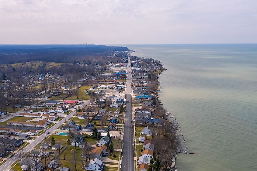 Aerial view of Geneva-on-the-Lake, Ohio, a coastal town on Lake Erie.