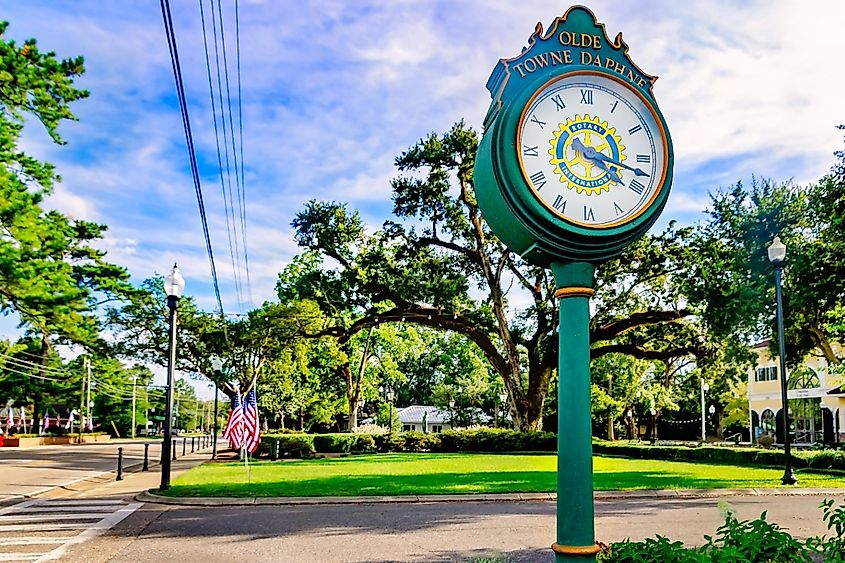A street clock stands in Olde Towne Daphne in Daphne, Alabama
