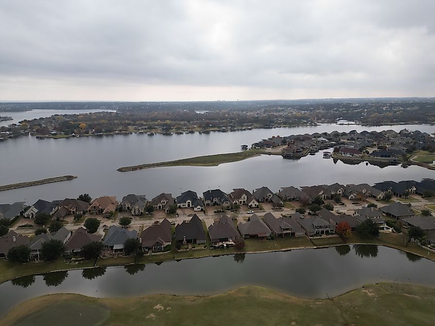 Aerial view of houses near the Brazos River in Granbury, Texas