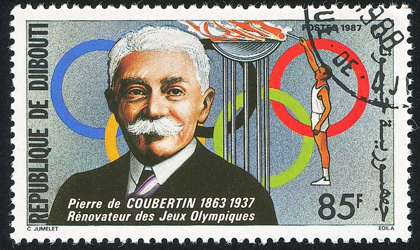 Stamp featuring Pierre de Coubertin, circa 1987. Editorial credit: rook76 / Shutterstock.com