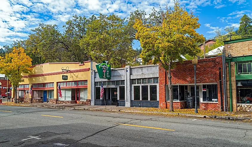 Rustic buildings in the historic district of Dunsmuir, California.