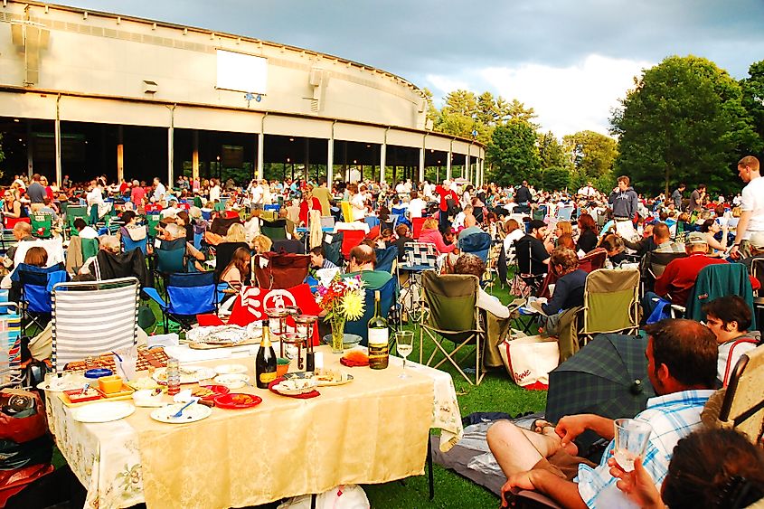 A pre-show dinner on the lawn at Tanglewood in the summer, in Lenox, Massachusetts.
