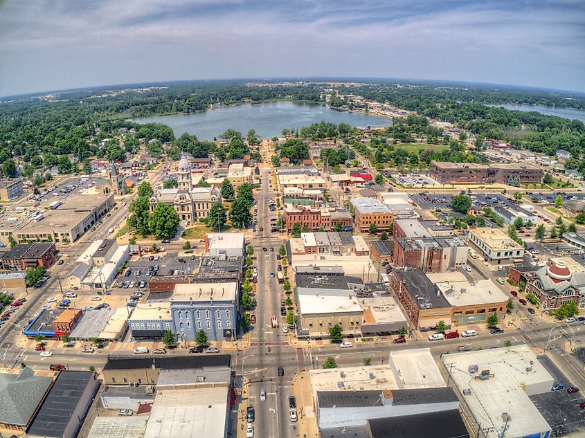 Aerial View of downtown Warsaw, Indiana.