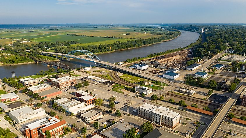 An aerial view of downtown Atchison, Kansas.