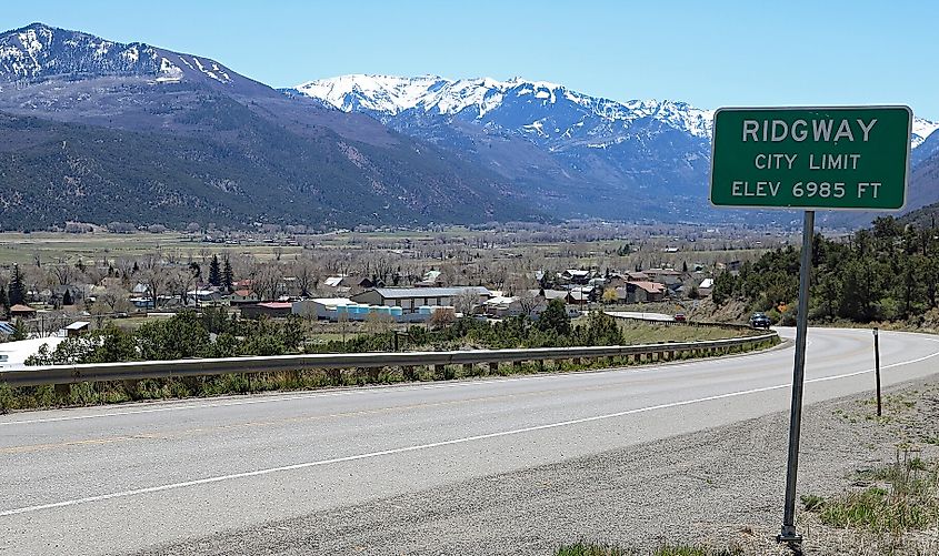 A view of Ridgway, Colorado from Colorado State Highway 62 above the town