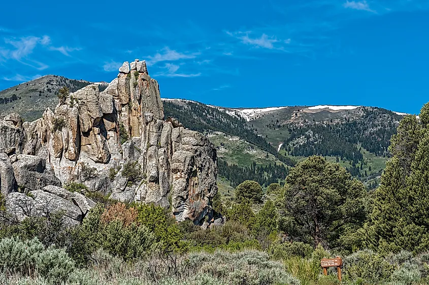 Trail signs below the rock formations at Castle Rocks State Park, Idaho, USA