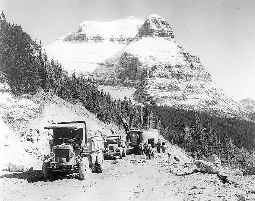 Road construction along the Going-to-the-Sun Road with Going-to-the-Sun Mountain in the background