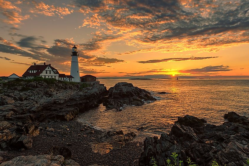 Portland Head Light at sunrise in Maine, New England.