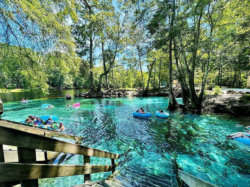 Visitors enoying tubing in the Ginnie Springs in High Springs, Florida
