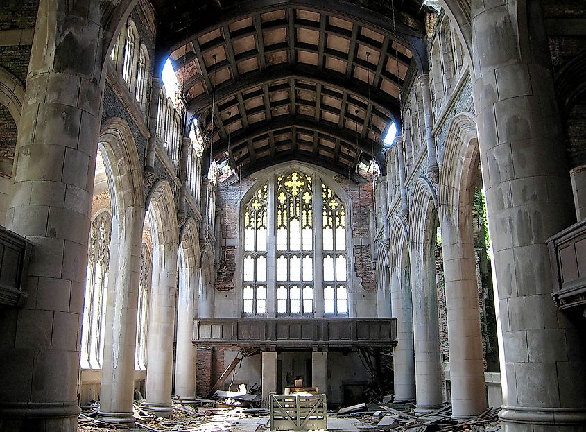 The interior of the abandoned City Methodist Church in Gary, Indiana