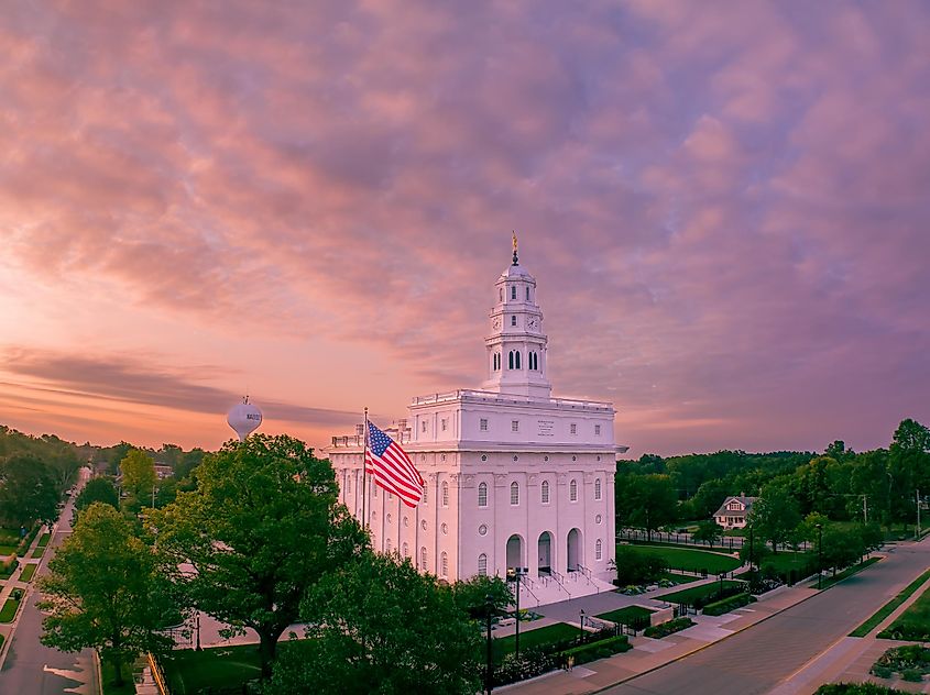 The Nauvoo Illinois Temple surrounded by greenery in Nauvoo, Illinois.