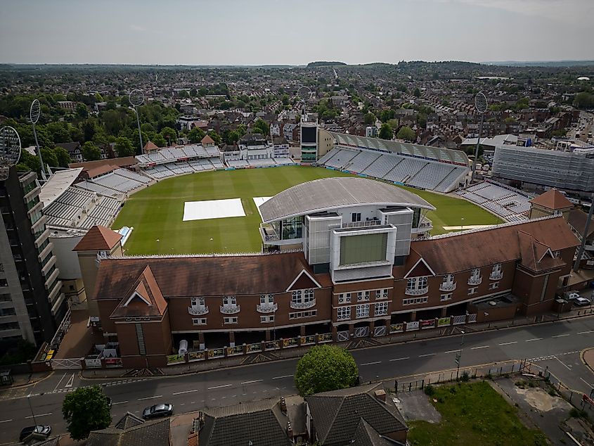 Aerial view of Nottingham Trent Bridge cricket stadium in Nottingham, UK. Image Credit UAV 4 via Shutterstock.