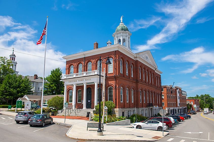 Exeter Town Hall at 10 Front Street in the historic town center of Exeter, New Hampshire, USA.