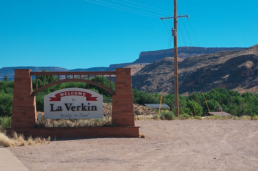 Welcome to La Verkin sign. Editorial credit: Christophe KLEBERT / Shutterstock.com