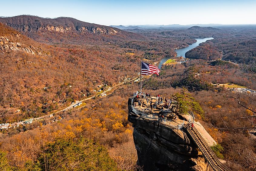 Aerial view of Chimney Rock State Park in autumn.