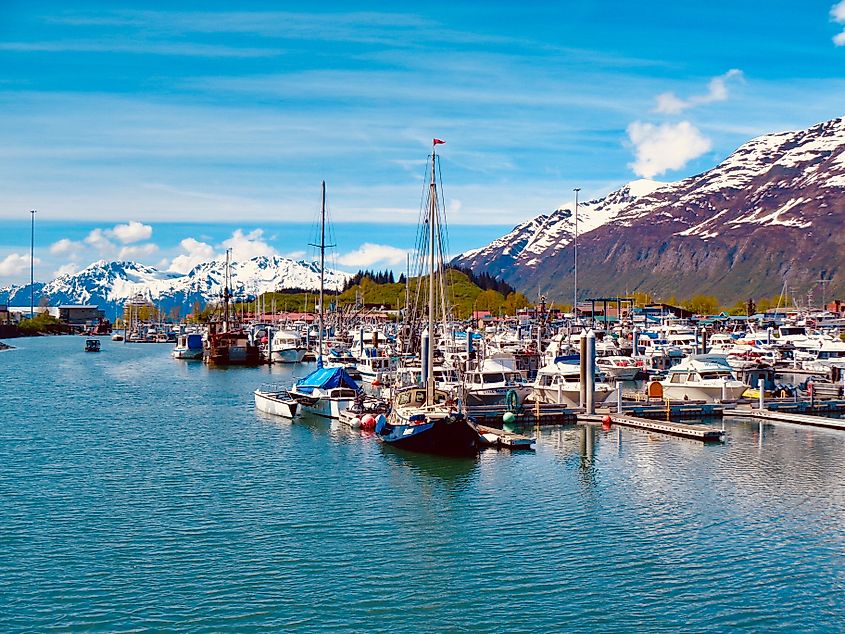 Boats along the harbor in Valdez, Alaska.