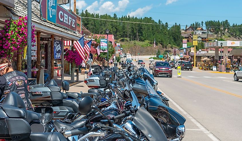 Motorbikes in the lovely downtown area of Hill City.