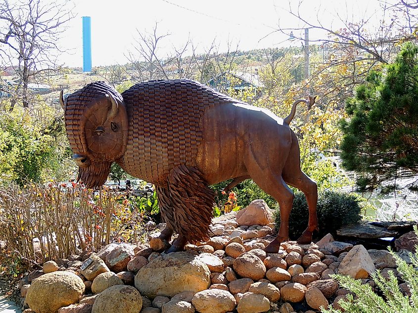 Bronze buffalo sculpture at the Medicine Park Music Hall.