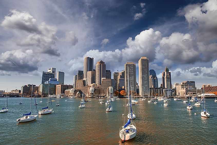 Aerial view of the harbor in Boston, Massachusetts.