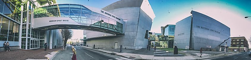 Tourists in front of the National WWII Museum in New Orleans, Louisiana