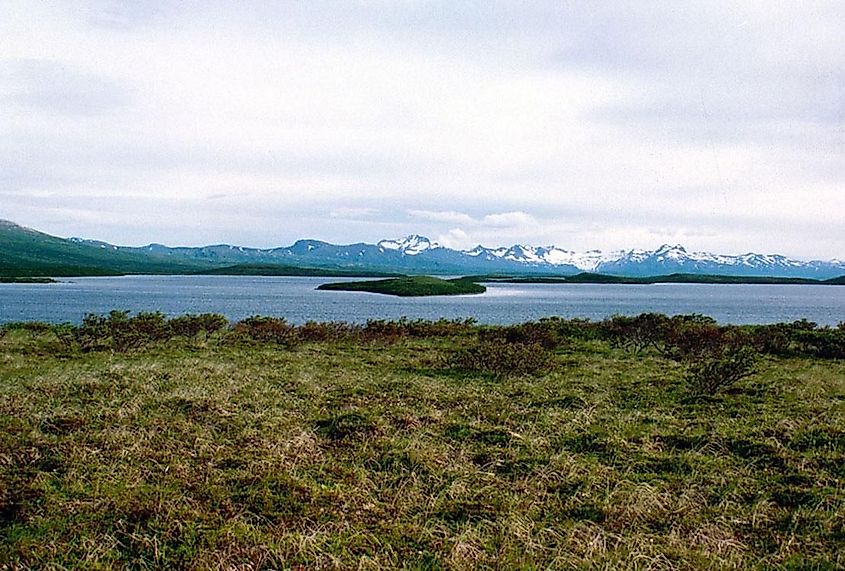Becharof Lake with the Aleutian Range in the distance, in Alaska.