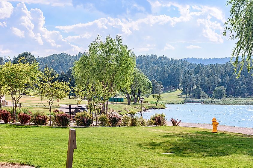 Beautiful green park with fountains and water lake. Ruidoso, New Mexico, United states of America.