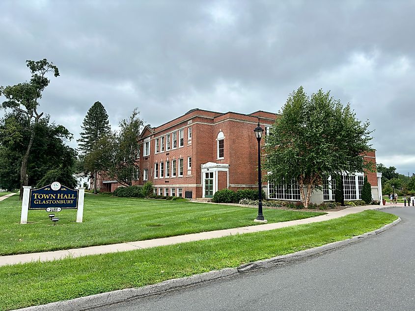 Glastonbury Town Hall on a cloudy, summer day. 