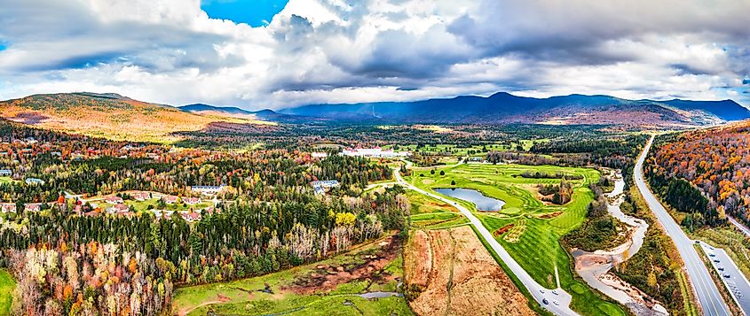 Aerial panorama of Presidential Range covered in clouds, in Bretton Woods, White Mountain National Forest, New Hampshire, along highway 302.