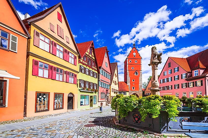 Charming medieval town, Dinkelsbühl, Bavaria, Germany, known for half-timbered houses, cobbled streets, and Gothic architecture.