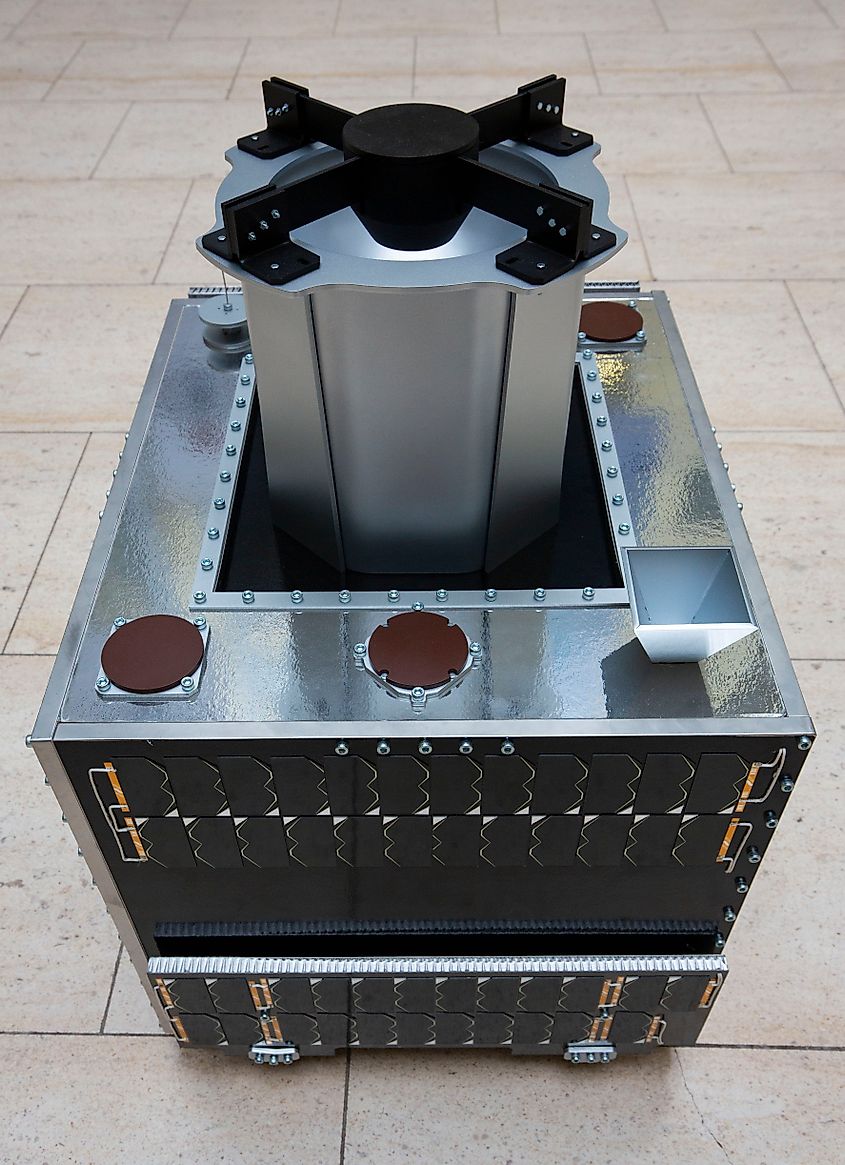 The UK CARBONITE-2 satellite. Roughly the size of a household washing machine, carries a telescope and HD camera. Image Credit MOD via Wikimedia.