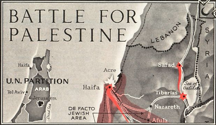 Map frome TIME 1948 highlighting the separation between Jewish and Palestinian ("Arab") regions. Source: Public Domain.