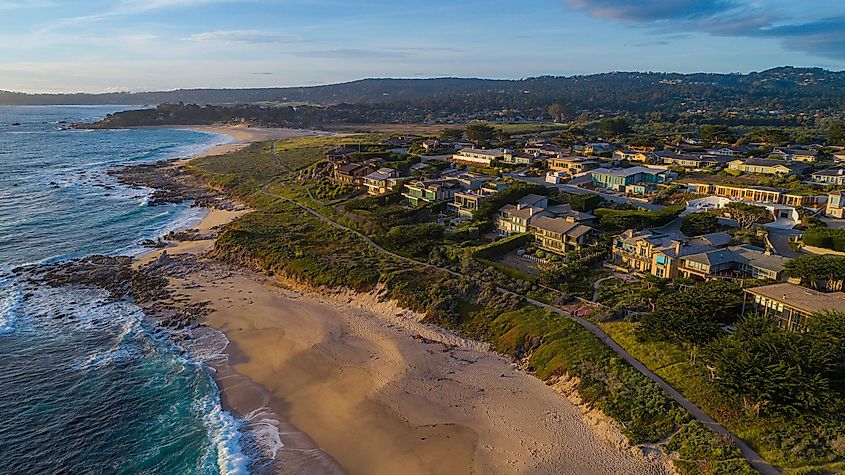 A beautiful aerial view of a beach with houses in Carmel, California