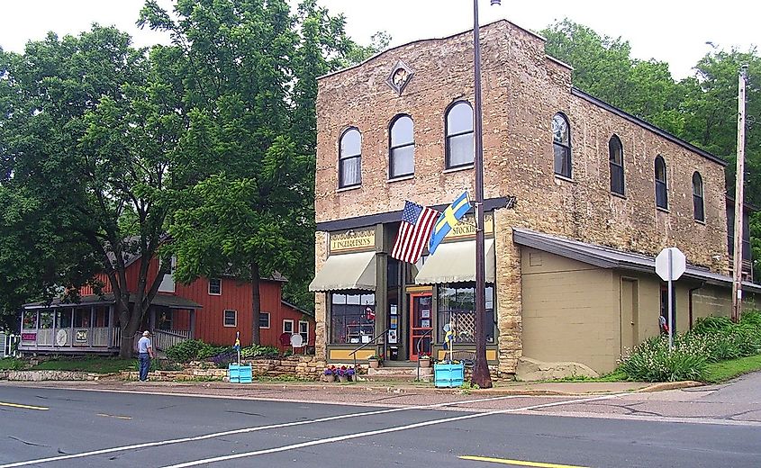 Downtown street in Stockholm, Wisconsin in the summer